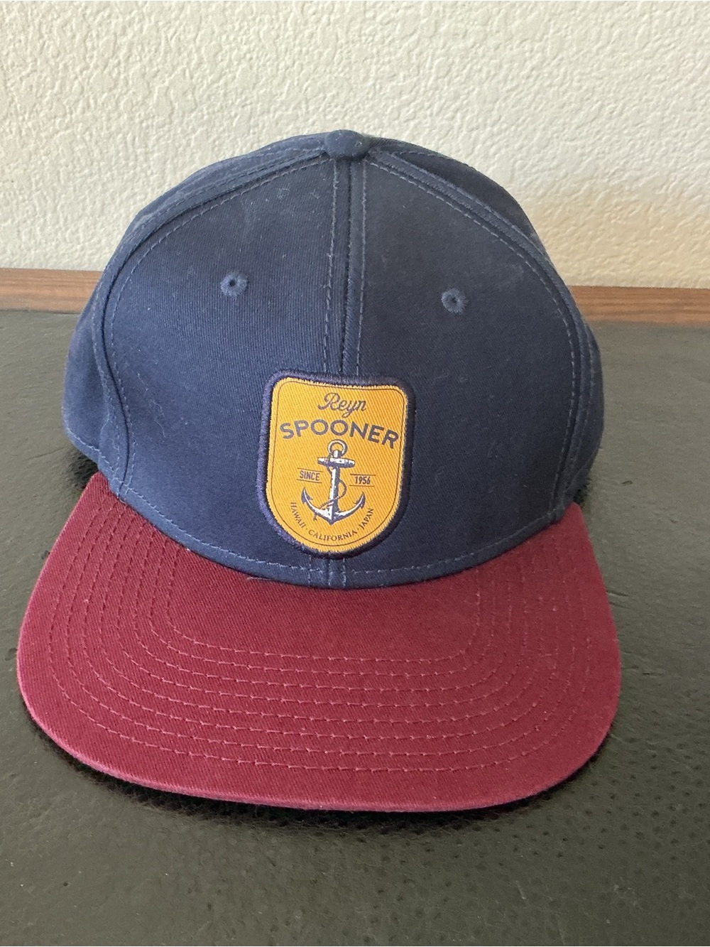 Reyn Spooner Blue Maroon Anchor Patch Leather Strap Cap